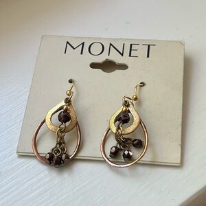 Monet Brown Gold Metal Beads Hook Earrings 1-1/2” Drop